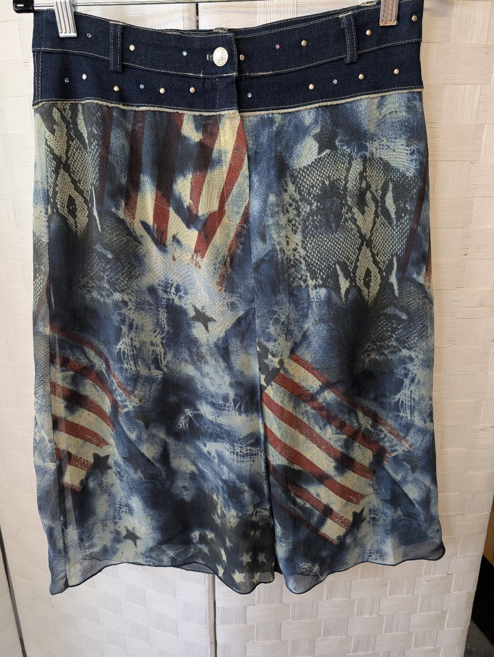 Sharagano Patriotic Navy Blue Printed A-Line Women's Skirt Stretch Waist Belt